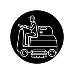 Man on car sweeper black line icon. Cleaning company