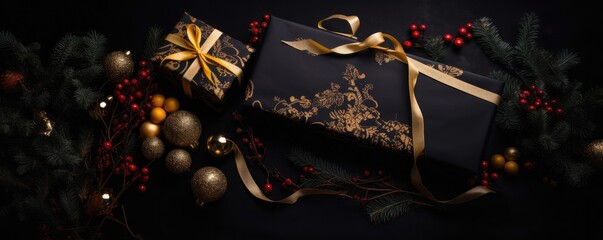 Banner top view christmas dark black background with beautiful texture. Ai generative.