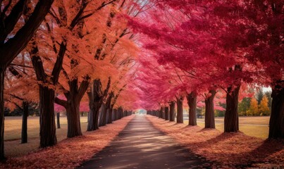 Autumn forest road with red leaves. Generative AI