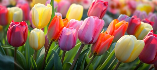 Flowers background banner - Closeup of colorful beautiful blooming tulips (tulipa) on field in spring, illuminated by the sun (Generative Ai)