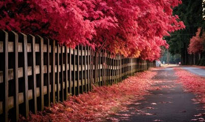 Long wooden fence with trees colorful leaves. Beautiful autumn. Generative AI