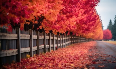 Long wooden fence with trees colorful leaves. Beautiful autumn. Generative AI