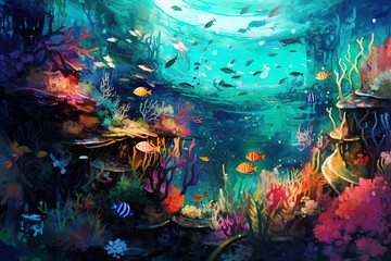 Fototapeta na wymiar Tropical scene of the underwater world. Illustration with underwater scene of fish and corals