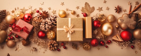 Banner top view christmas decoration composition on light gold background. Golden gift box, fir branches, cones, stars, Christmas cookies, cinnamon. Ai generative.