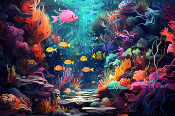 Fototapeta na wymiar Tropical scene of the underwater world. Illustration with underwater scene of fish and corals