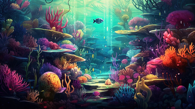 Tropical scene of the underwater world. Illustration with underwater scene of fish and corals