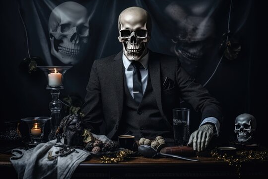 Skeleton dressed in a business suit on a dark background. Generative AI