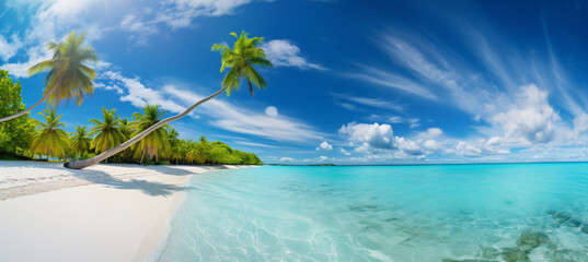 Fototapeta na wymiar Beautiful beach with white sand, turquoise ocean, blue sky with clouds and palm tree over the water