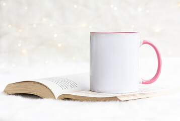 Pink White Blank mug printing design template. Pink handle mug mock up