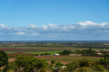 Fototapeta na wymiar Panoramic view from the Hummock Lookout, over agricultural farmland near Bundaberg, Queensland, Australia