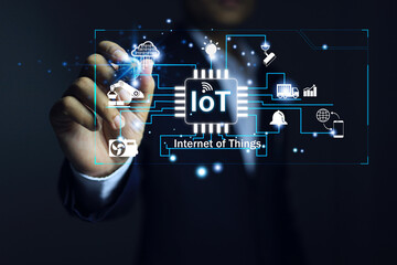 Businessman using iot or internet of things to enable connected electronic devices and can be controlled remotely and connection.