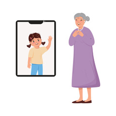 Illustration of an elderly woman having a video call with his granddaughter. Distance connection.