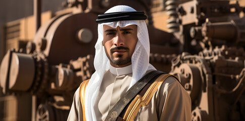 Successful Muslim Arab businessman with an oil pump, oil refinery plant in the background. Successful Saudi, Emirati, Arab businessman. Digital Art Ai