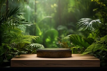 Serene Wooden Podium Amidst Tropical Forest. Generative AI