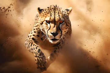 Cheetah stalking for prey on savanna with sand, digital ai art
