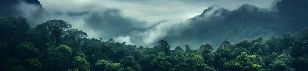 Landscape Mountain And Jungle, Fog and Cloud, Wide Panoramic, Aerial, Digital Art AI