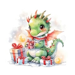 Fototapeta premium Fantasy cute green dragon with a gift isolated on white background. New Year 2024 watercolor cartoon illustration. Christmas concept