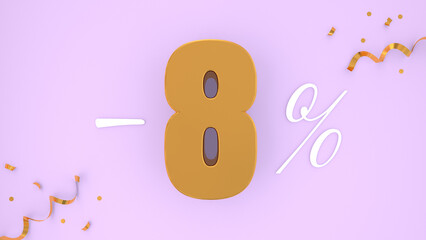 Fototapeta premium Discount promotion 8 percent off, 3D shiny gold text isolated on pink background, 3D mega sale offer, Sale offer price sign, Special offer symbol. 3D render.