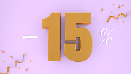 Discount promotion 15 percent off, 3D shiny gold text isolated on pink background, 3D mega sale offer, Sale offer price sign, Special offer symbol. 3D render.
