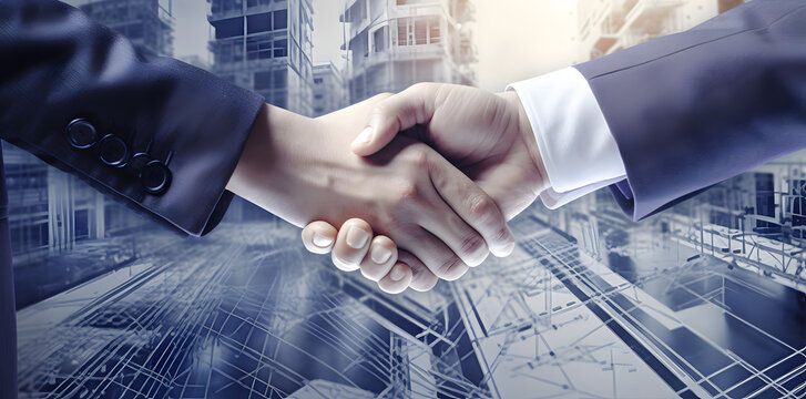 Businessman and engineer construction workers shaking hands on the background of an industrial plant, success collaboration concept, digital ai art