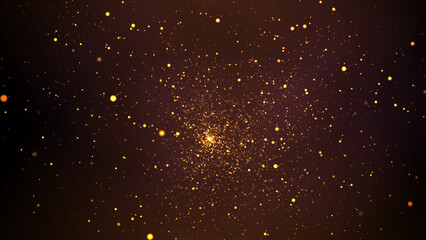 Gold particles abstract background with shining golden particle stars dust. Beautiful futuristic glittering in space on black background.