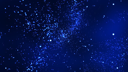 Blue bokeh particles glitter awards dust gradient abstract background. Futuristic glittering in space on blue background.