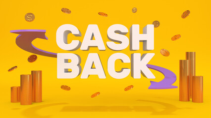 Cashback banner with purple arrows, golden coins in stacks and flying around on a yellow background. 3d render illustration.