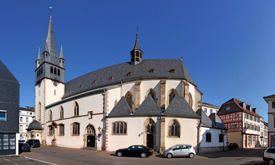 Panoramic view of the gothic St. Nikolaus Church with bell tower in the old town of Bad Kreuznach, Germany