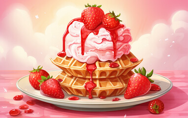Waffles with strawberry ice cream background