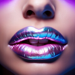 Silver chrome chameleon female party lips close-up in smooth skin face