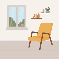 living room interior, furniture, design elements, modern home, armchair, books, mug, plant, window, vector flat style illustration