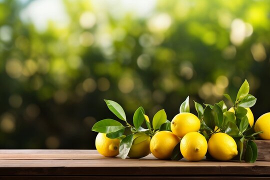 Rustic Wooden Table Adorned with Fresh Lemons and Ample Space. Generative AI