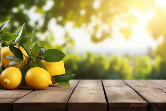 Rustic Wooden Table Adorned with Fresh Lemons and Ample Space. Generative AI