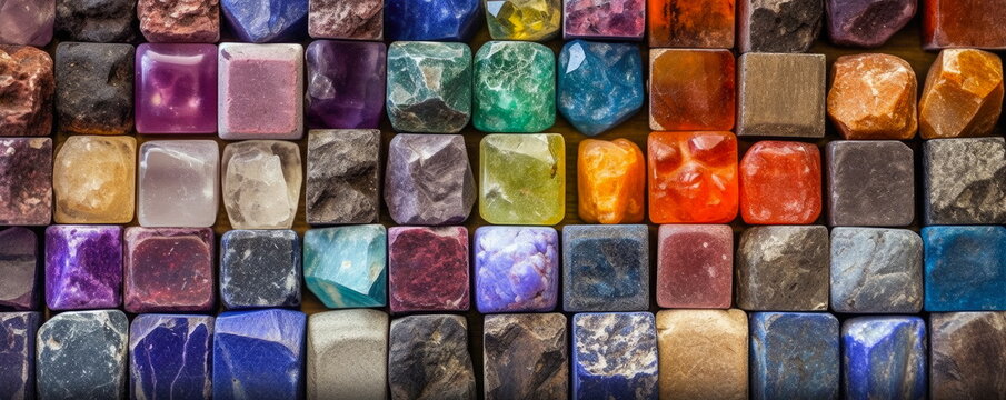 Shaped colorful rock samples Rock, geology mineral samples. Hand edited generative AI.