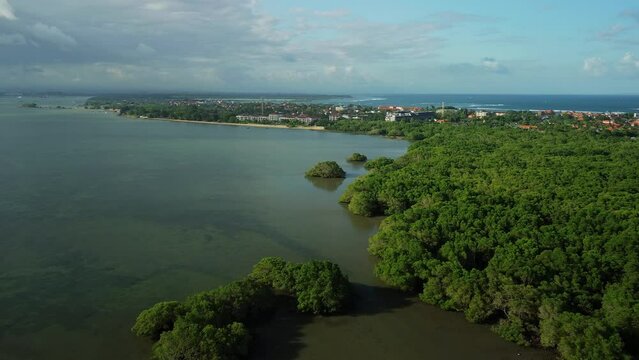 Aerial view of Benoa bay, Bali. Mangrove forest located in the bay of the Indian Ocean. Scenic city and ocean views. Shooting from a drone, a beautiful flight over the peninsula.