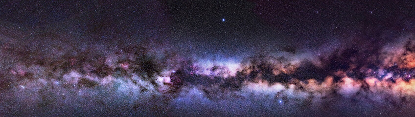 Wide angle photograph of Milky Way stars captured from a dark remote location. Mosaic panorama photograph of summer Milky way, left side. - obrazy, fototapety, plakaty