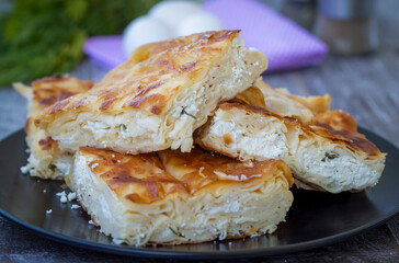 Delicious Turkish food; Tray pastry; (Turkish name; Su boregi)