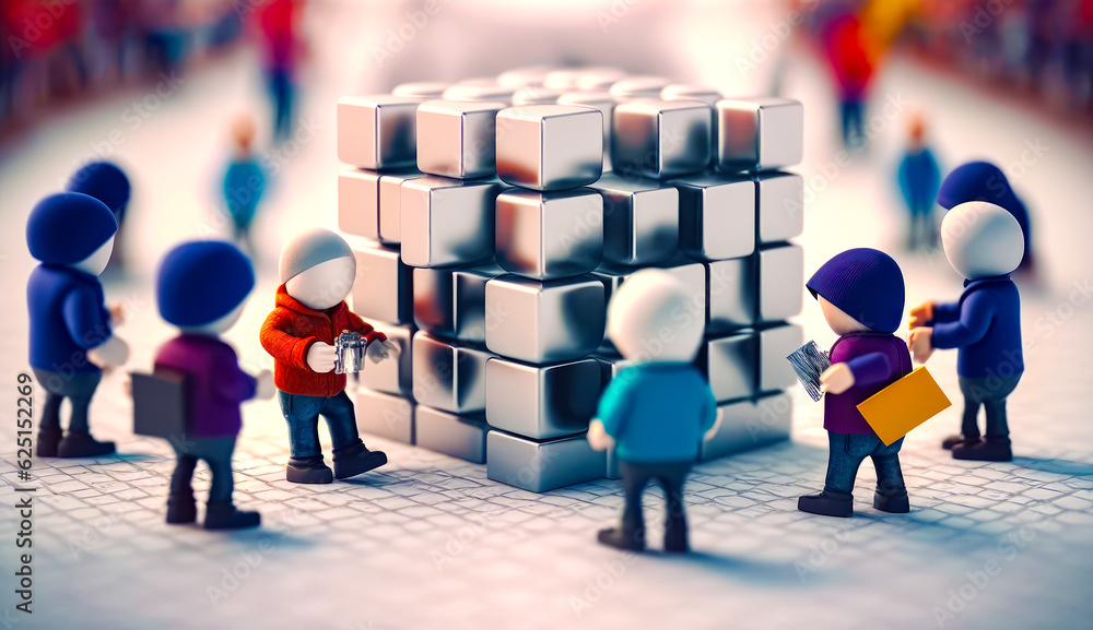 Poster group of small figurines standing next to pile of cubes. generative ai.