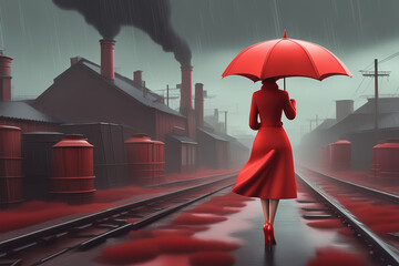 the back of a red high heeled woman with an umbrella on a rainy day perfect composition beautiful. Generative AI - obrazy, fototapety, plakaty
