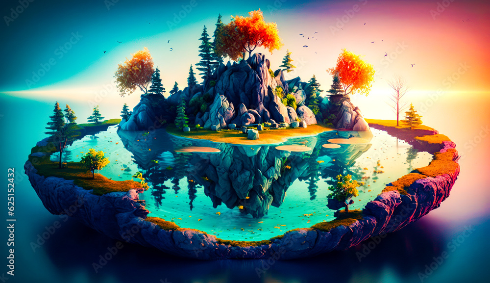 Poster island in the middle of body of water with trees on it. generative ai.