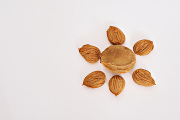 Apricot kernels are laid out around the stone. View from above. There is space for text. Close-up