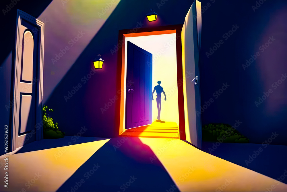 Poster man standing in open door to dark room with bright light. generative ai.