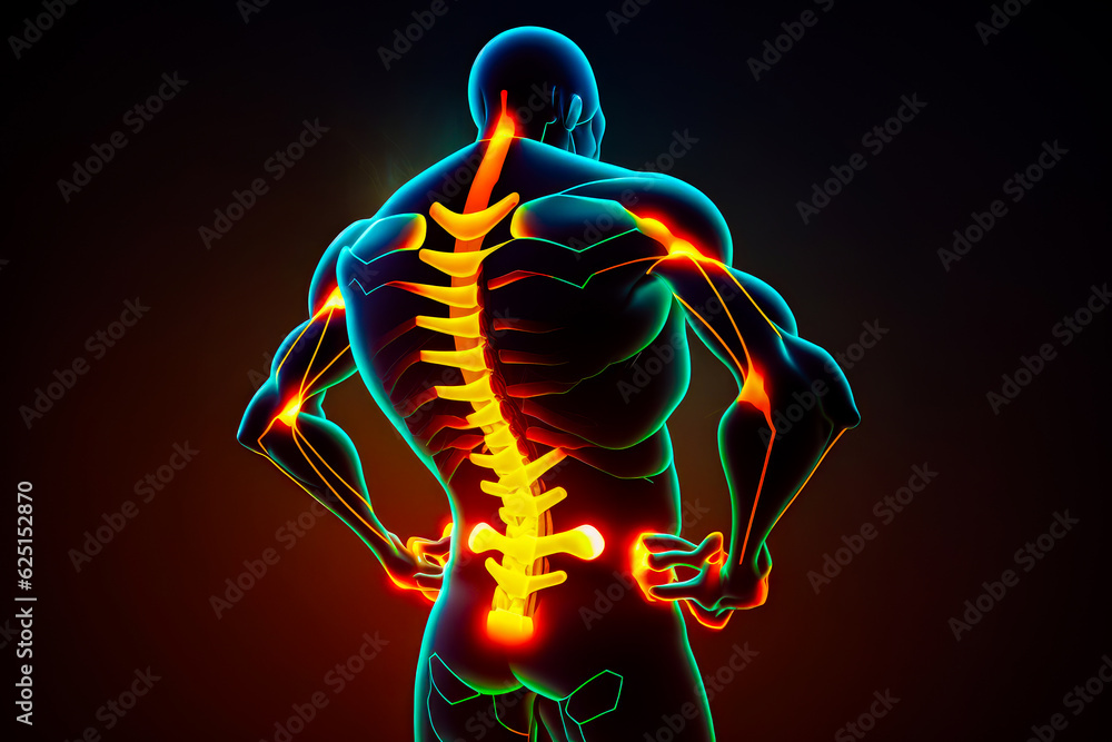 Poster man with back pain that is highlighted in red and yellow lights. generative ai.