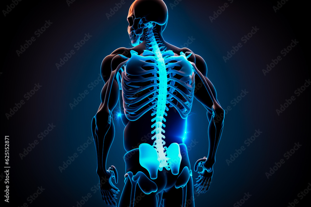 Poster human skeleton with skeleton highlighted in the lower half of the body. generative ai.
