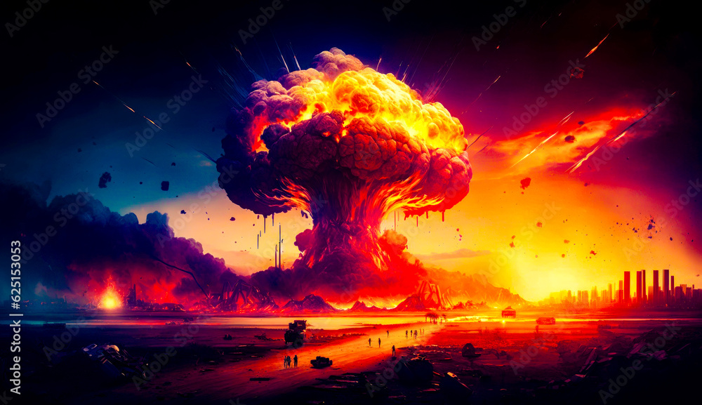 Poster large mushroom like structure in the middle of desert with lot of smoke coming out of it. generative