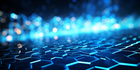 Obraz premium Abstract futuristic background blue hexagon bokeh lights. Data transfer concept 