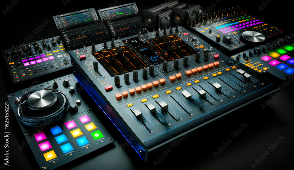 Poster sound mixing console with microphone and headphones on top of it. generative ai.