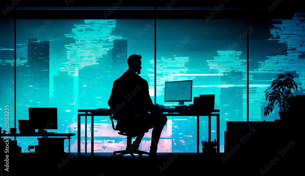 Aufkleber silhouette of man sitting at desk in front of computer. generative ai.