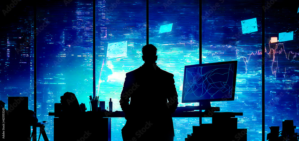Poster silhouette of man standing in front of computer monitor in office. generative ai.