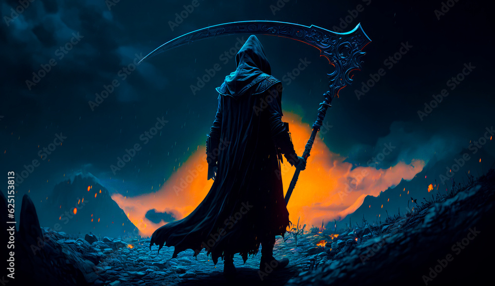 Aufkleber man in hooded jacket holding large sword in front of dark sky. generative ai.